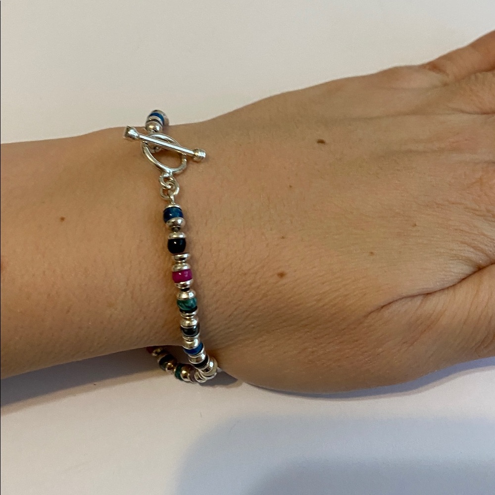 Multicolor Beaded Sterling Silver Toggle Bracelet